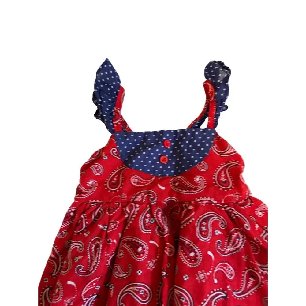 Nannette Baby Bandana 2 Pc Outfit Red Blue Pasiley Print Dress Size 12M Rodeo